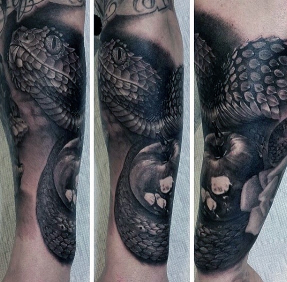 Guy With Shaded Black And Grey Ink Snake Apple Arm Tattoo