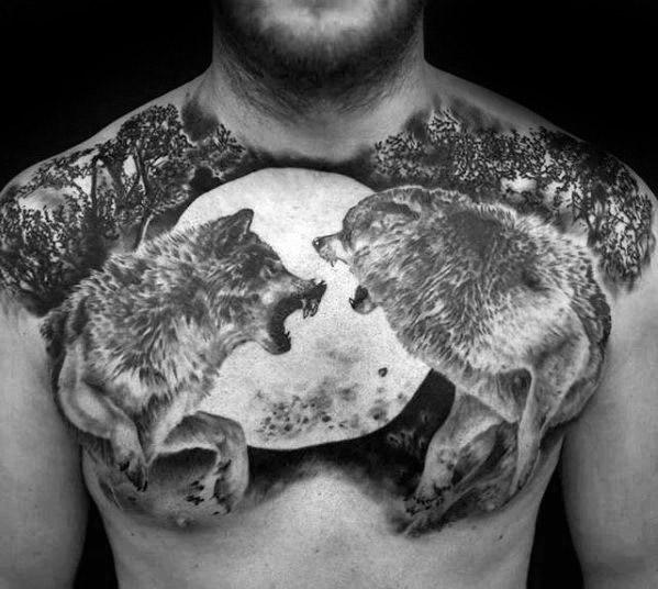 Guy With Sick Wolf Moon Upper Chest Tattoo Design