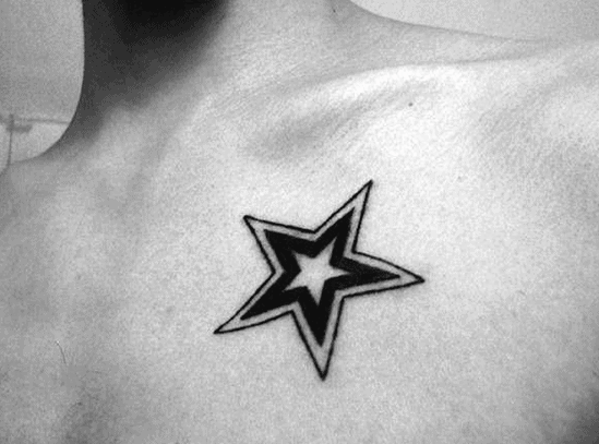 Guy With Simple Black Ink Outline Cool Star Upper Chest Tattoos