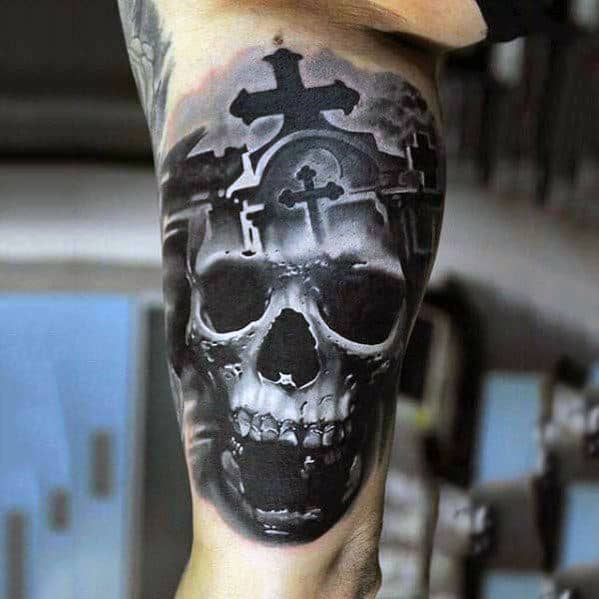 Guy With Skull Cemetary Cross Badass Inner Arm Bicep Tattoo