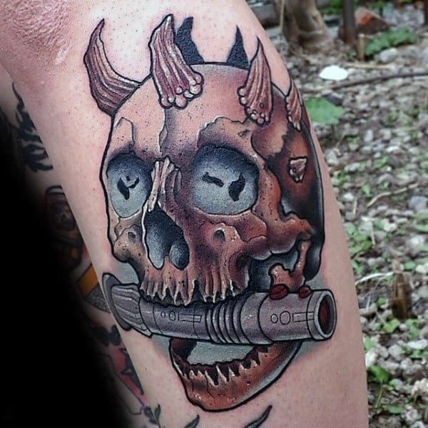 Guy With Skull Lightsaber Arm Tattoo