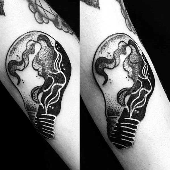 Guy With Small Manly White And Black Ink Lightbulb Forearm Tattoo