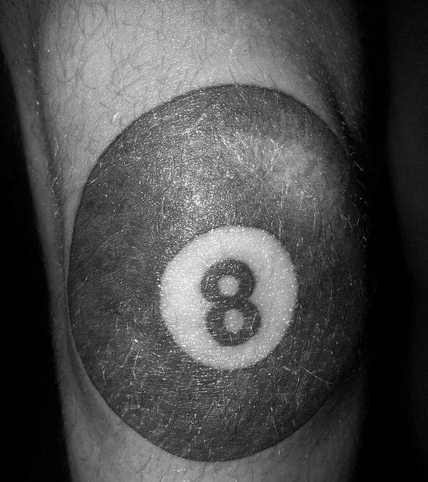 Guy With Solid Black Ink Negative Space 8 Ball Knee Cap Tattoo
