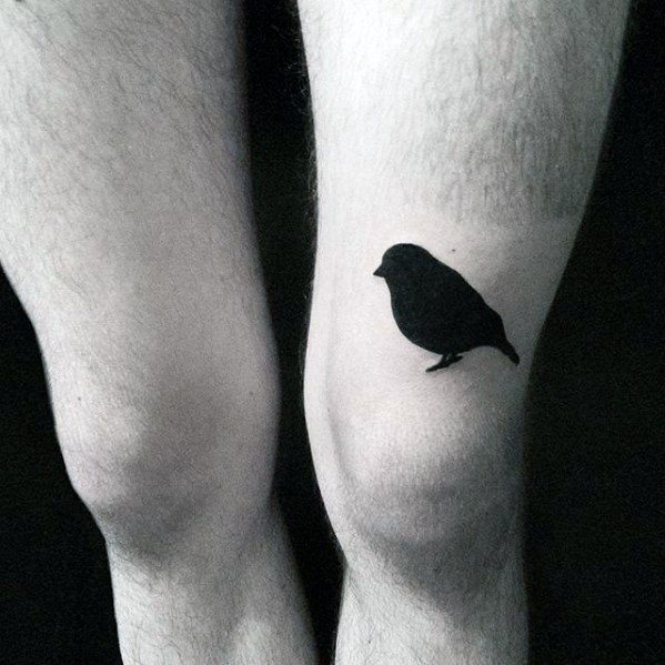 Guy With Solid Black Ink Small Minimalist Bird Thigh Tattoo