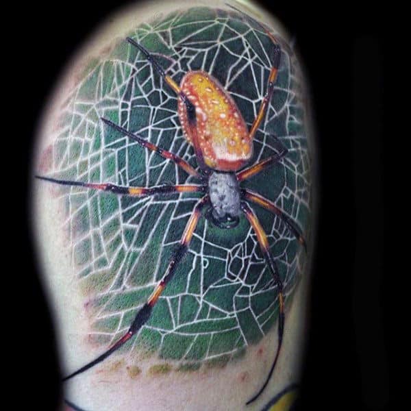 Guy With Spider On Green Web Tattoo Upperarms