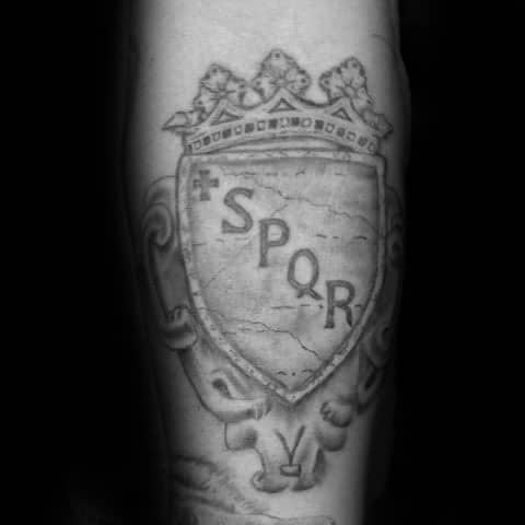 Guy With Spqr Shiled Shaded Black And Grey Inner Forearm Tattoo