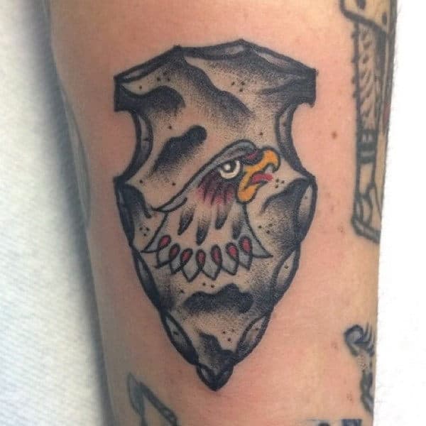 Guy With Squawking Eagle On Arrowhead Tattoo Forearms