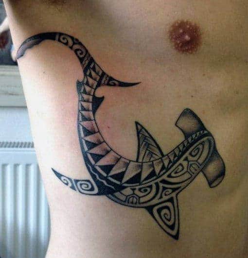 Guy With Swimming Hawaiian Shark Rib Cage Tattoo Design