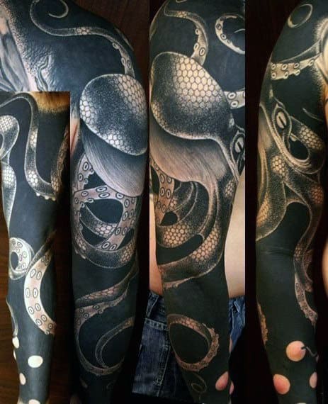 Guy With Traditional Octopus Blackwork Full Arm Sleeve Tattoo