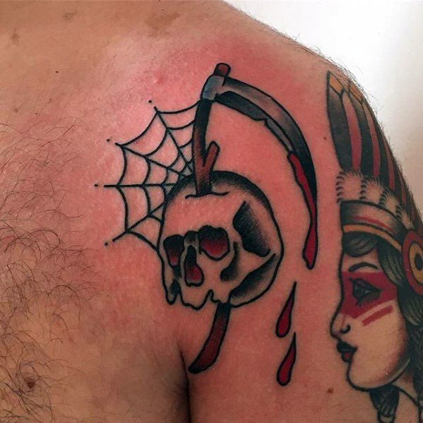 Guy With Traditional Skull Spider Web Scythe Tattoo Design On Shoulder Of Arm
