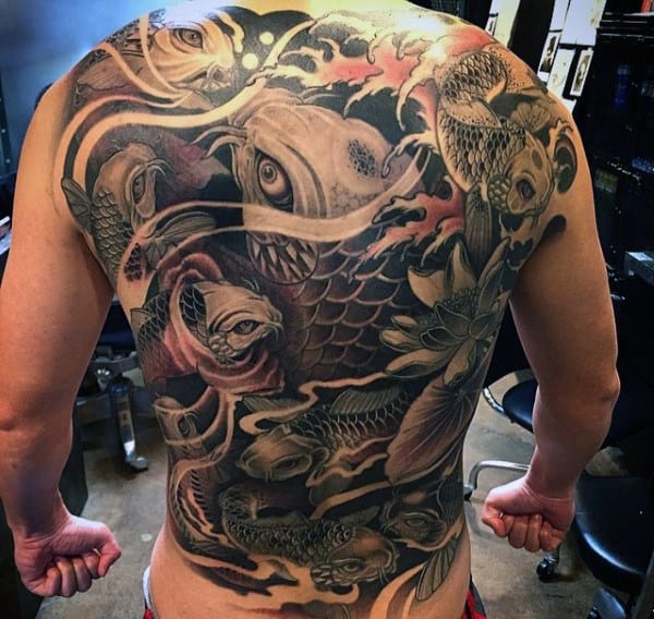 Guy With Under Water Slimy Creatures Tattoo Full Back