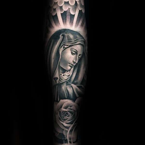 Guy With Virgin Mary Forearm Sleeve Tattoo Design