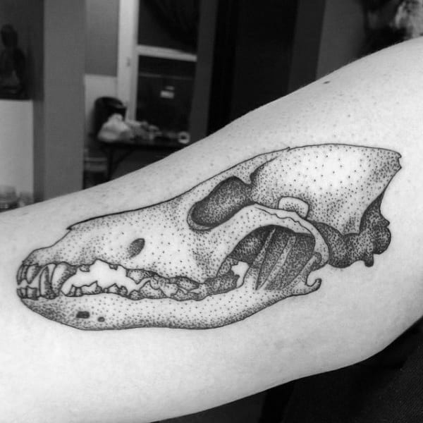 Guy With Wolf Skull Tattoo On Inner Arm