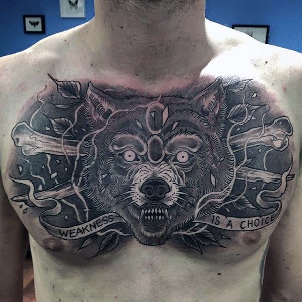Guy With Wolf Weakness Banner Unique Chest Tattoo