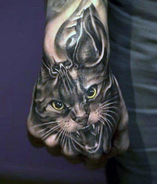 Guys 3d Cat Tattoos On Hand
