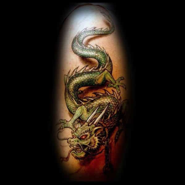 Guys 3d Green Chinese Dragon Arm Tattoo Designs