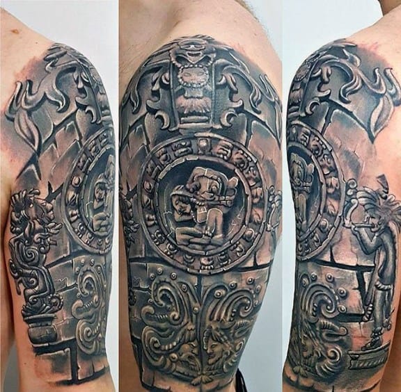 Guys 3d Half Sleeve Mayan Calender Tattoo Deisgns