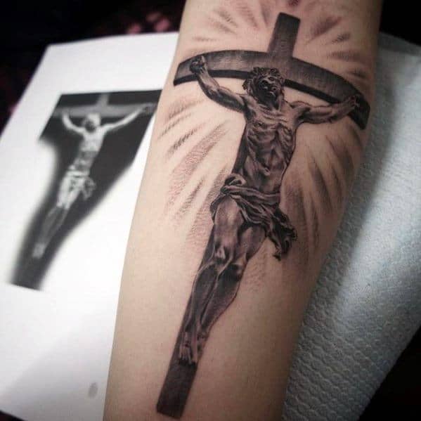 Guys 3d Jesus Forearm Tattoo