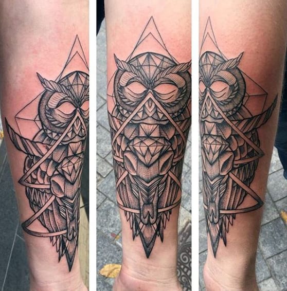 Guy's 3D Nite Owl Tattoo On Legs
