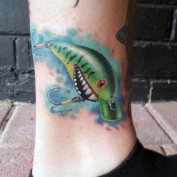 Guys 3d Shark Fish Hook Tattoo On Lower Leg Above Ankle