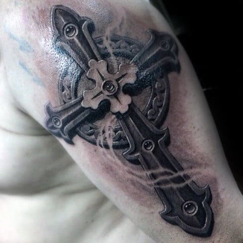 Guys 3d Stone Cross Arm Tattoo Designs