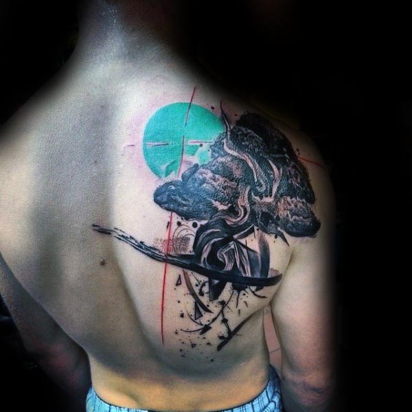 Guys Abstract Bonsai Tree Artistic Back Tattoo
