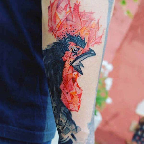 Guys Abstract Rooster Tattoo On Forearm