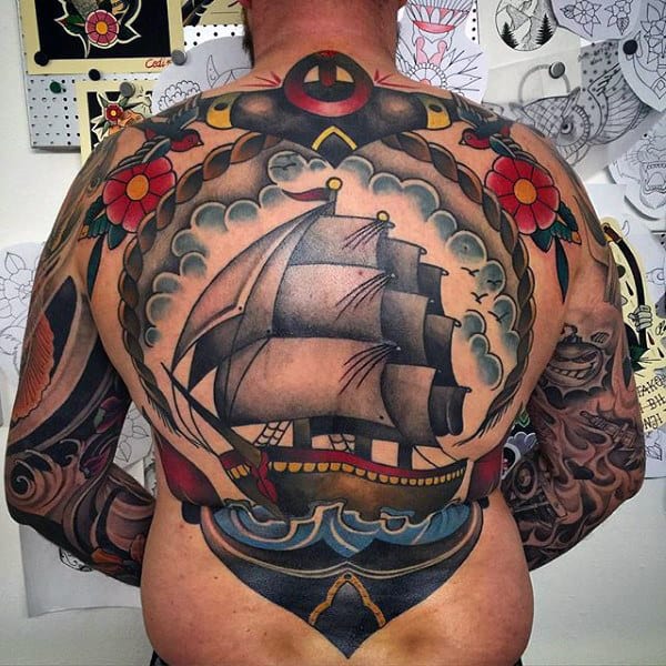 Guys Anchor With Ship Traditional Back Tattoos