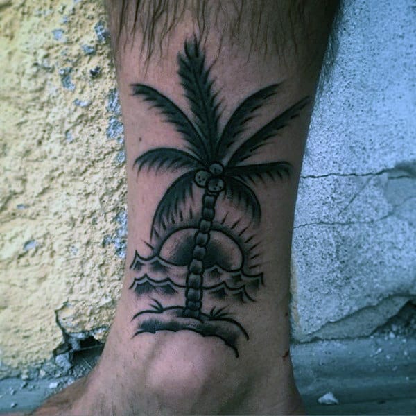 Guys Ankle Dark Palm Tree Tattoo Design Inspiration
