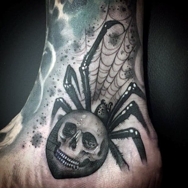 Guys Ankle Skull And Spider Tattoo