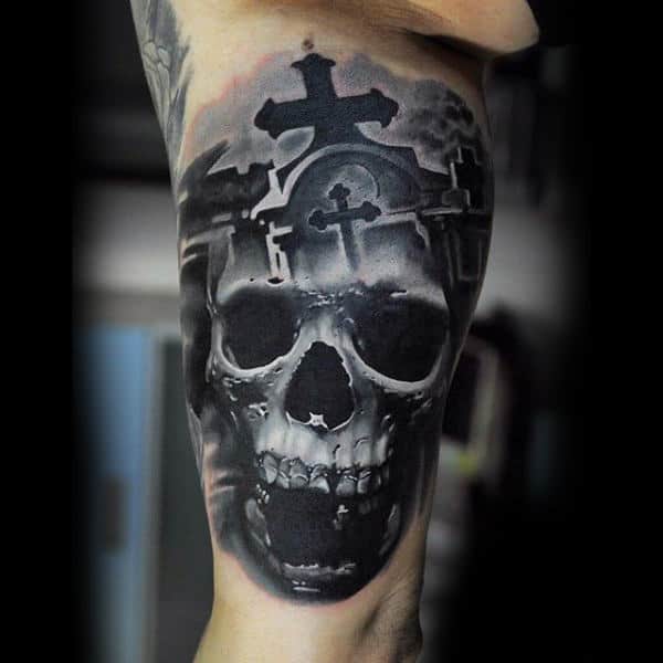 Guys Ankles Black And White Cross And Skull Tattoo