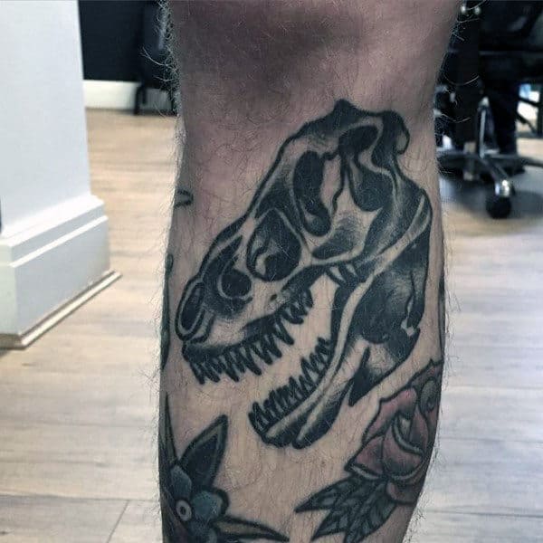 Guys Ankles Black Grey Dinosaur Skull Tattoo