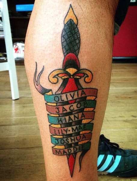 Guys Ankles Ethnic Blade With Kids Names Family Tattoo