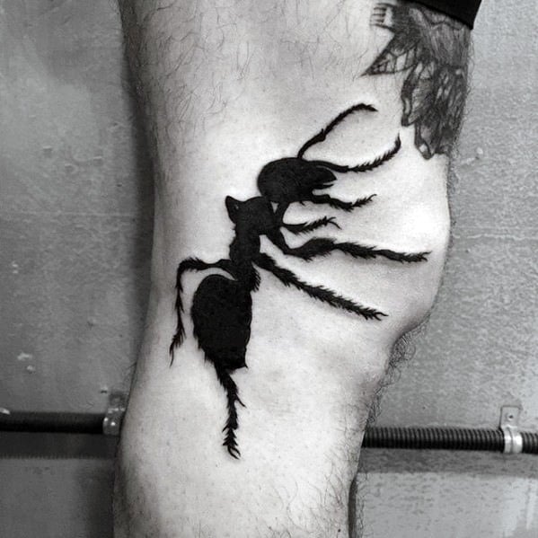 Guys Ant Thigh And Leg Black Ink Tattoo Designs