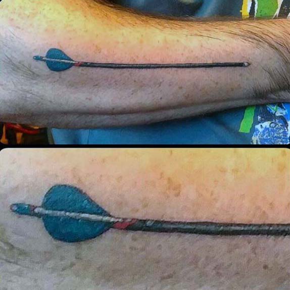 Guys Archery Tattoo Forearm Arrow With Blue Feather