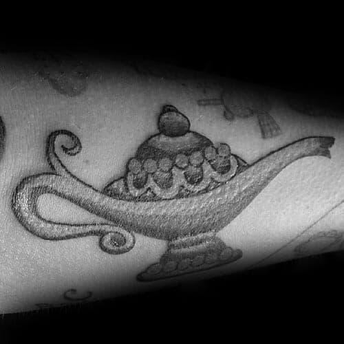 Guys Arm Black And Grey Genie Lamp Tattoo Deisgns