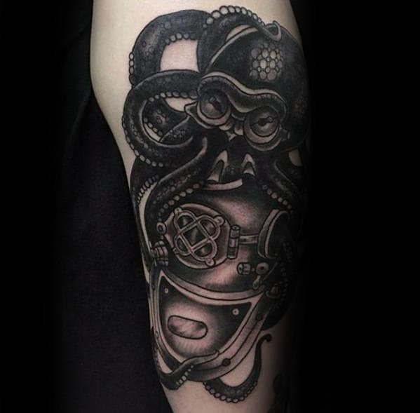 Guys Arm Octopus With Diving Helmet Traditional Tattoo