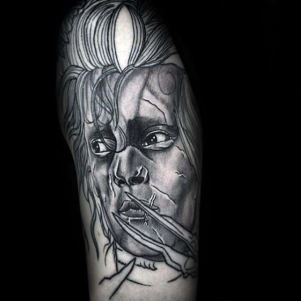 Guys Arm Shaded Edward Scissorhands Tattoo Design Ideas