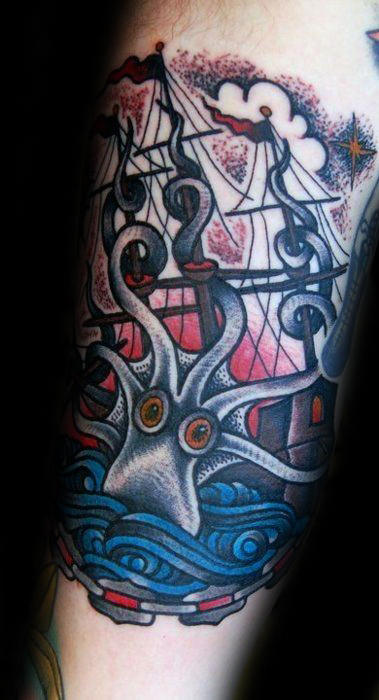 Guys Arm Traditional Octopus Sailing Ship Tattoo Designs