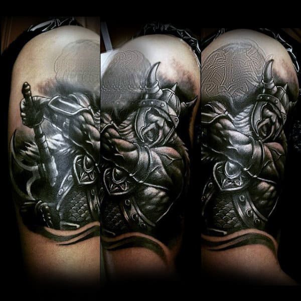 Guys Arms Black And White Viking In Action Tattoo