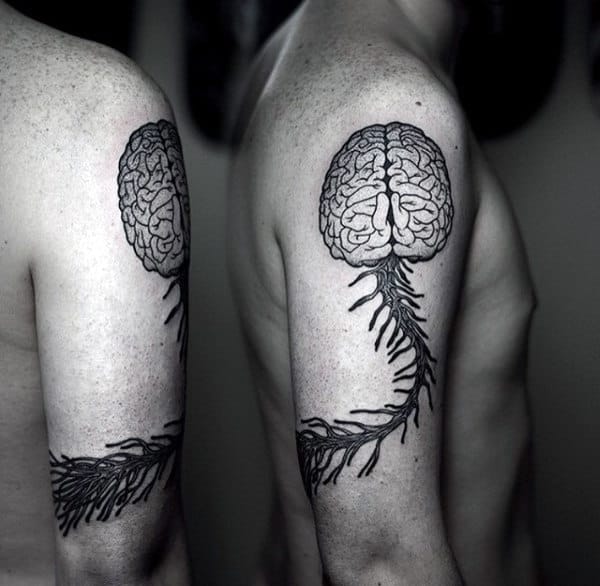 Guys Arms Brain And Leaf Tattoos