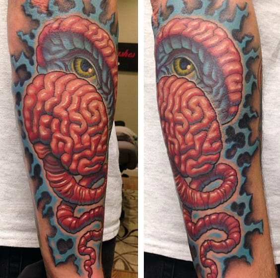Guys Arms Eye Inside Red Brain Tattoo