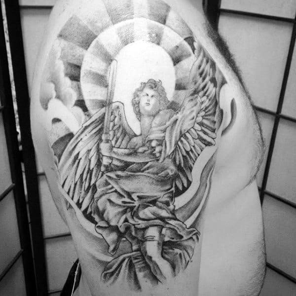 Guys Arms Guardian Angel With Bright Halo Tattoo