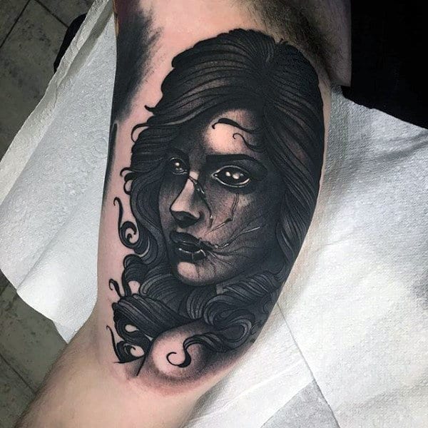Guys Arms Interesting Female Portrait With Cracked Face Tattoo