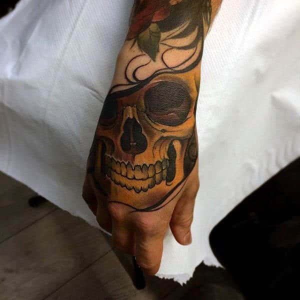 Guys Arms Interesting Yellow Skull Tattoo
