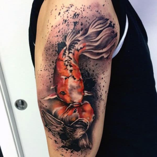 Guys Arms Orange Fish And Relfection Realism Tattoos