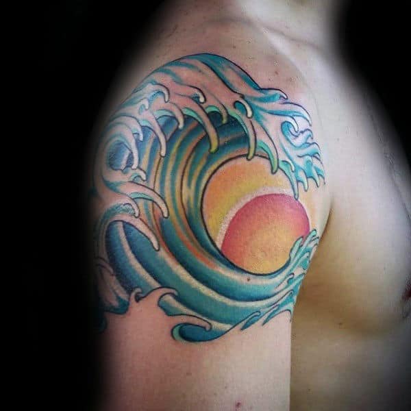 Guys Arms Orange Sun And Surf Waves Tattoo