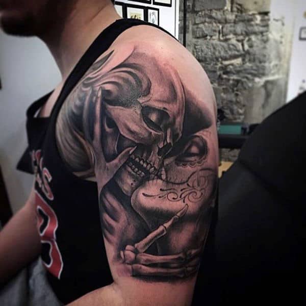 Guys Arms Skull And Lady Kissing Day Of The Dead Tattoo