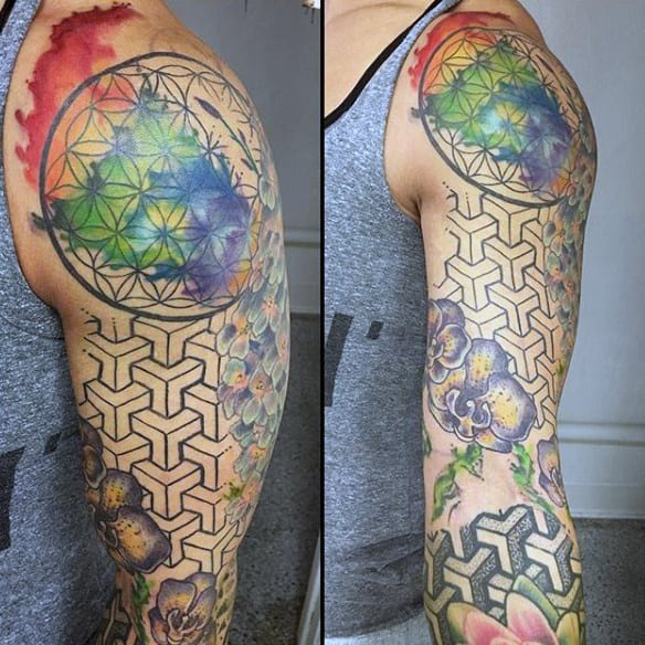 Guys Attractive Watercolor Tattoo On Sleeves