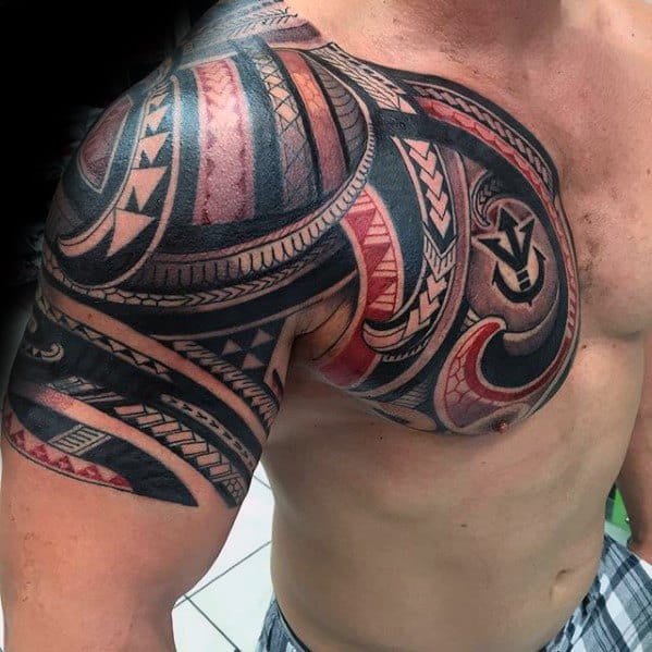 Guys Awesome Red And Black Ink Quarter Sleev And Chest Tribal Tattoo Deisgns